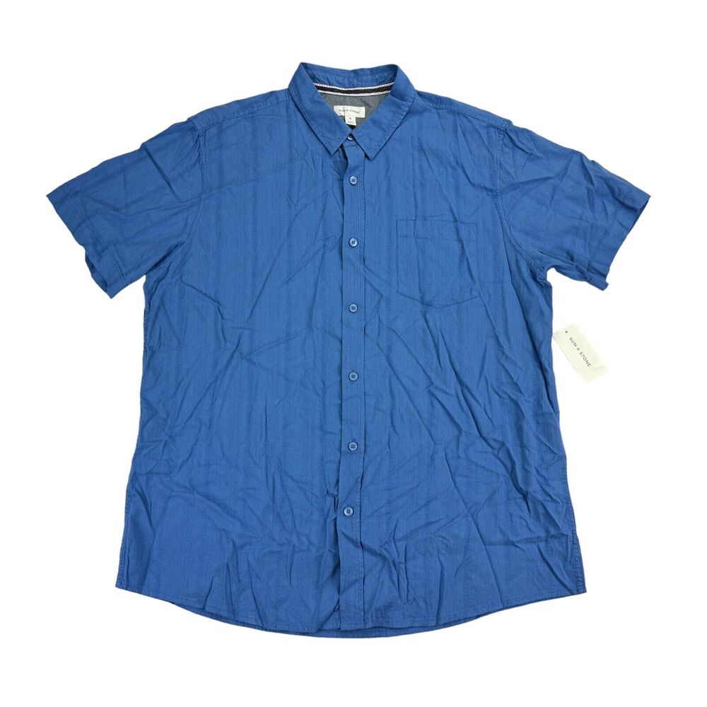 Sun + Stone Mens Weston Rayon Cotton Short Sleeve Button Down Shirt Blue XL